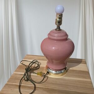 VTG Pink Ceramic Ginger Jar Lamp Gold Base Mid Century Modern 15" Art Deco Retro